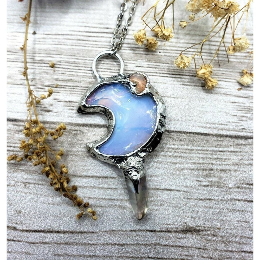 Opalite Gothic Moon Crystal Necklace Handmade Silver Necklace